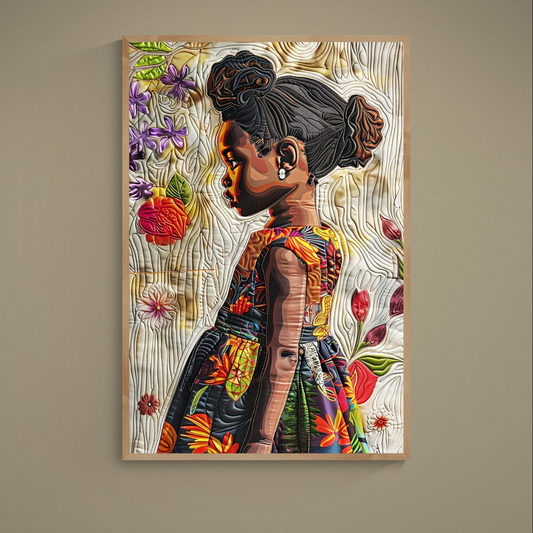 Quilt-inspired side profile portrait of a young Black girl with multicolor floral patterns on matte poster