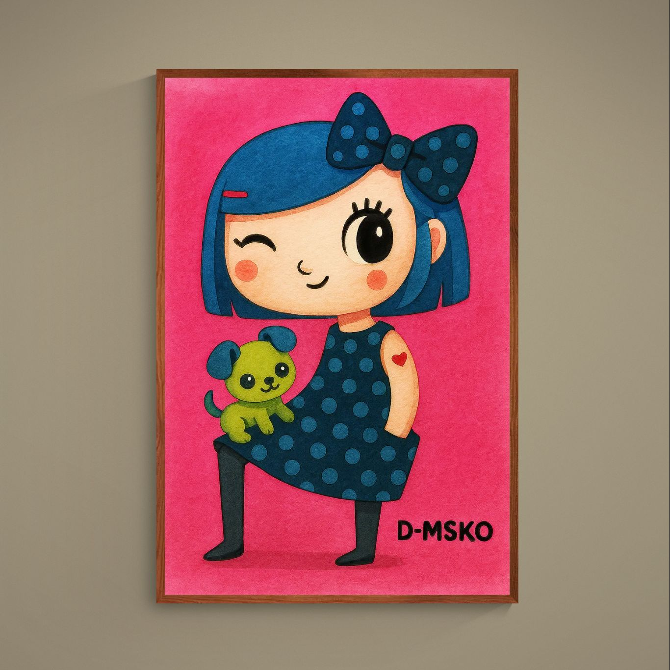 Kawaii poster of blue-haired winking girl holding lime-green puppy on bright pink background