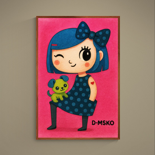 Kawaii poster of blue-haired winking girl holding lime-green puppy on bright pink background