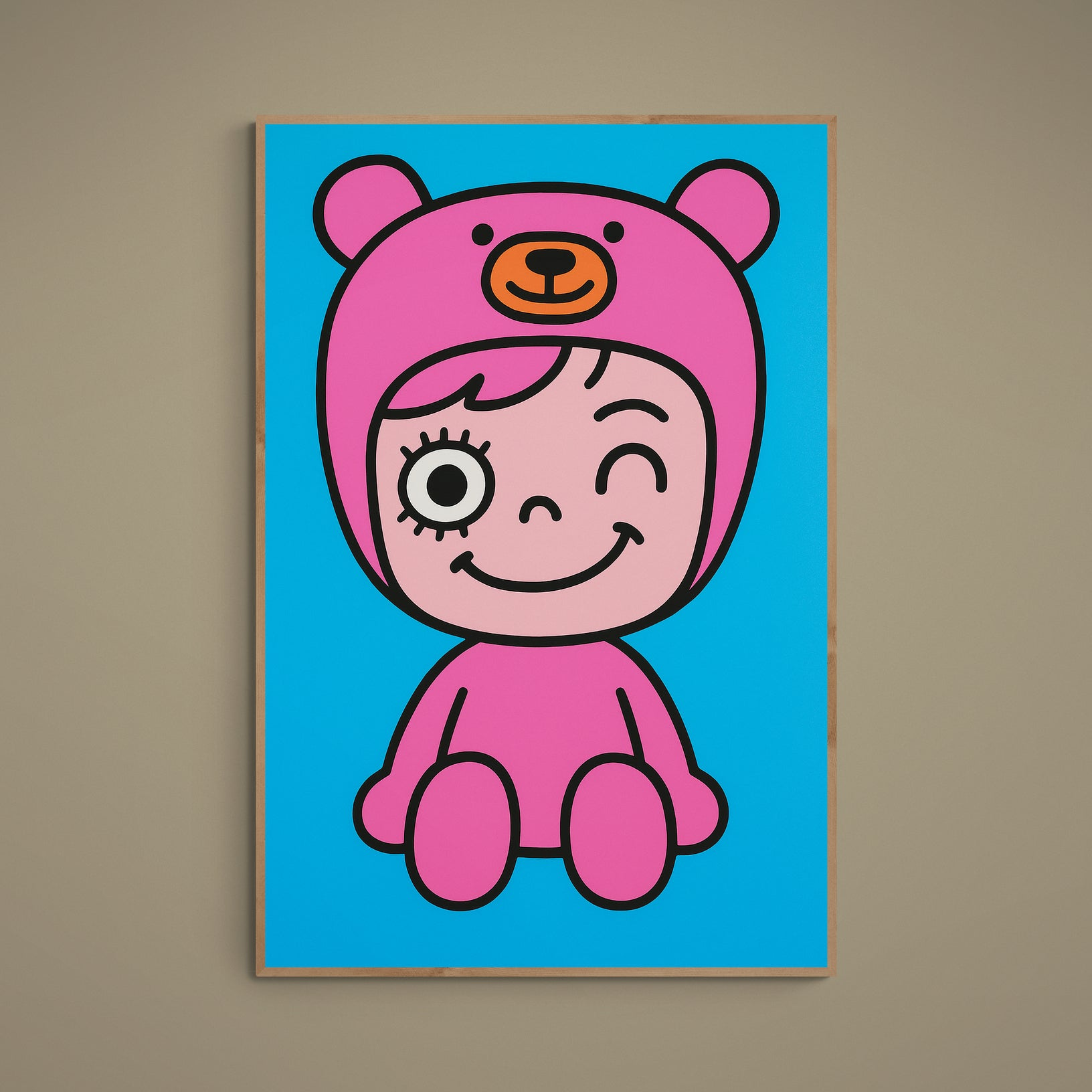 Winking character in a pink bear suit on a bright blue pop art matte paper poster