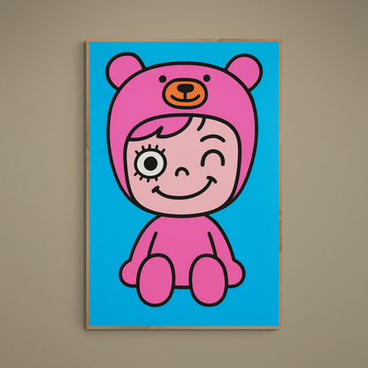Winking character in a pink bear suit on a bright blue pop art matte paper poster