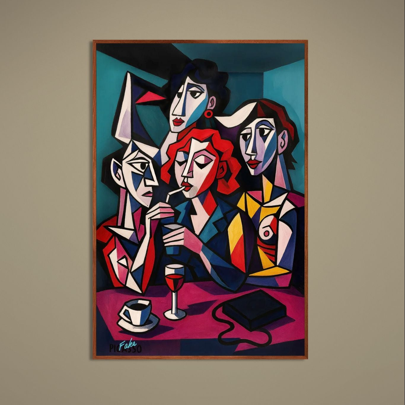 Cubist poster of women at a café bar with cups, wine glass, black outlines, and bold multicolor geometric planes