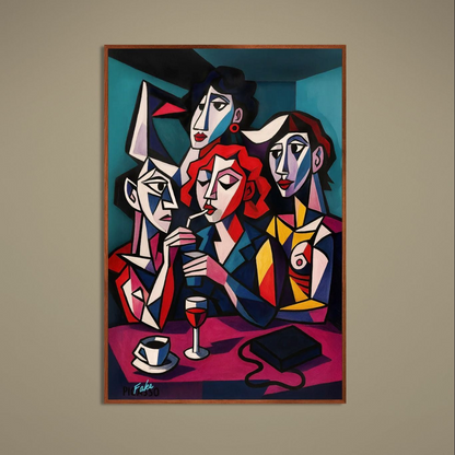 Cubist poster of women at a café bar with cups, wine glass, black outlines, and bold multicolor geometric planes
