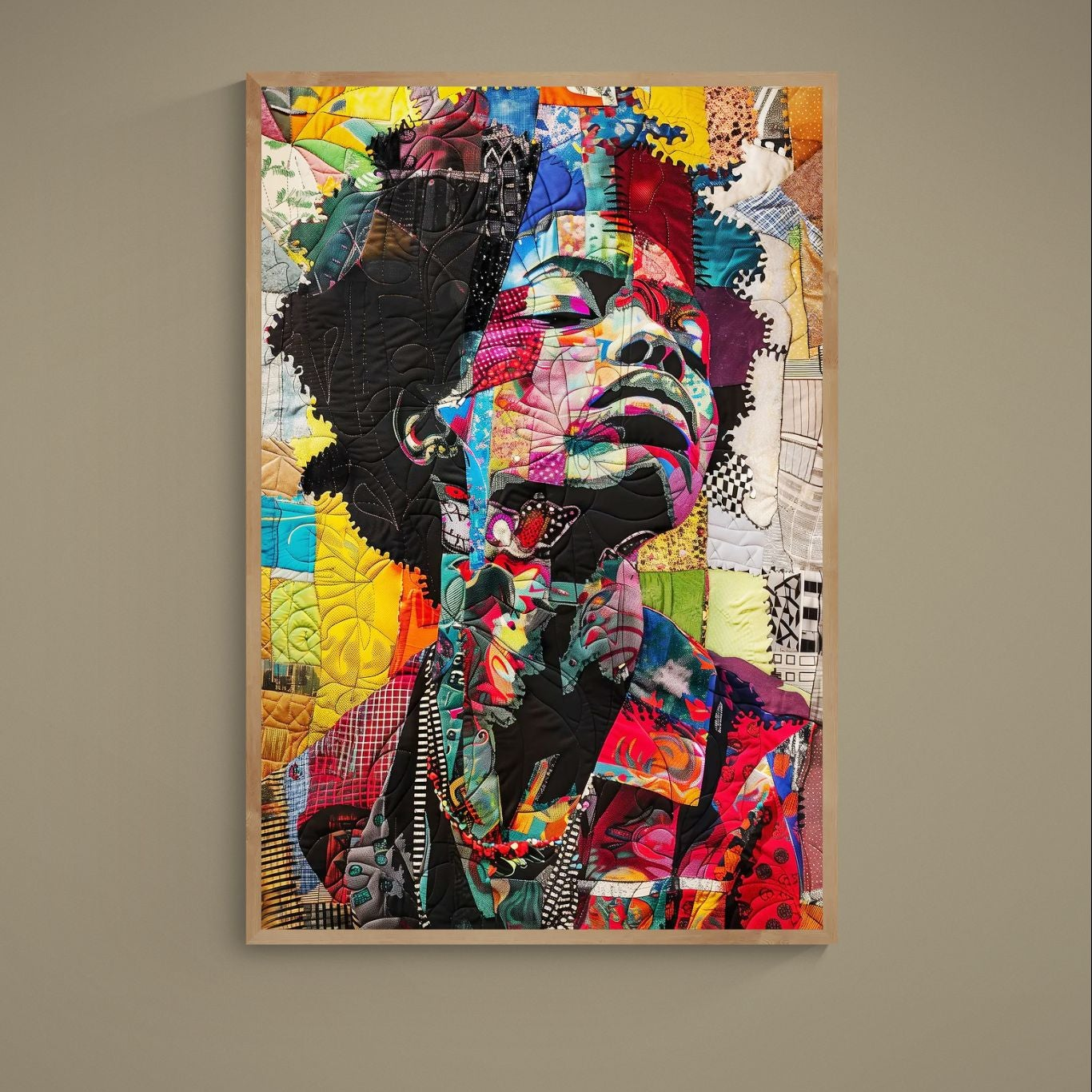 Multicolor patchwork quilt portrait poster with black silhouette areas and visible stitched textile texture