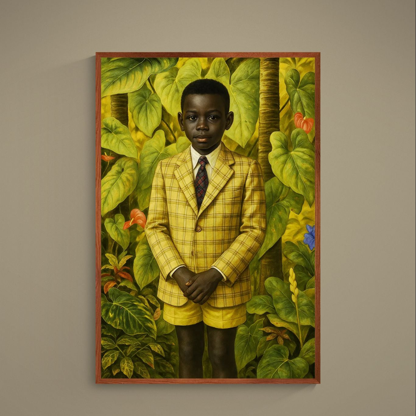 Portrait poster of a Black boy in a yellow checkered suit before tropical foliage