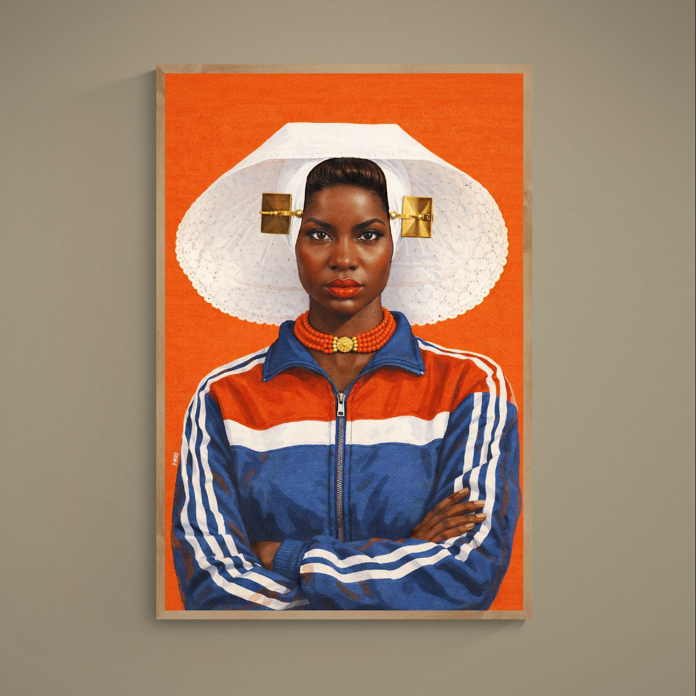 Afro-Dutch woman in Zeeland lace bonnet and coral necklace on an orange background, matte paper poster, unframed