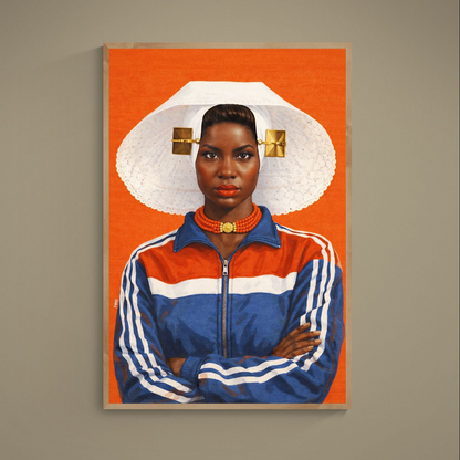 Afro-Dutch woman in Zeeland lace bonnet and coral necklace on an orange background, matte paper poster, unframed