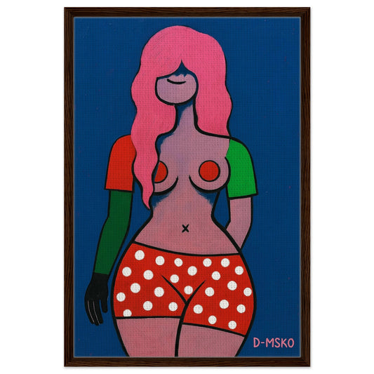 Vintage sensual framed canvas, nude figure in red-and-white polka shorts with bold outlines, navy background, wood frame.