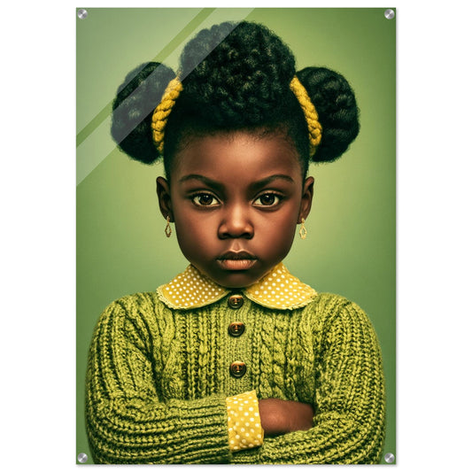 Acrylic wall art print of a Black girl with natural hair braided buns and gold accents, titled Little Green Queen.