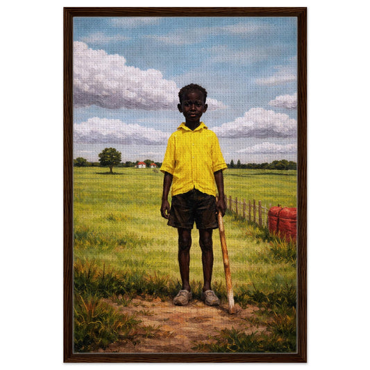 Framed canvas wall art portrait of a Black boy in a yellow shirt, rural field and blue sky, vertical, dark wood frame