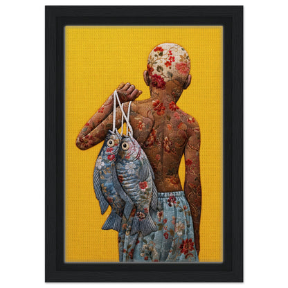Golden Catch Framed Canvas Quilt-Inspired Folk-Art