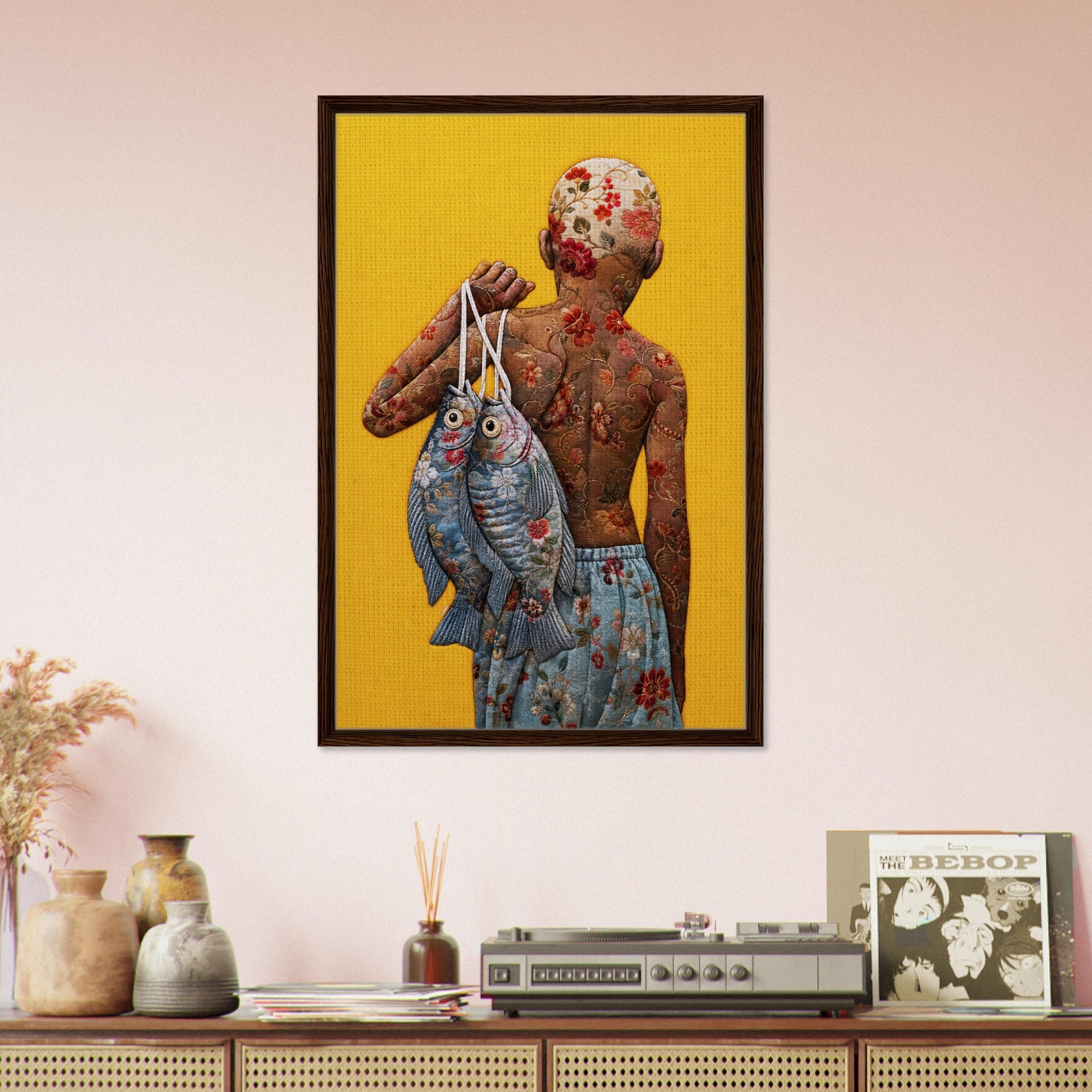 Golden Catch Framed Canvas Quilt-Inspired Folk-Art