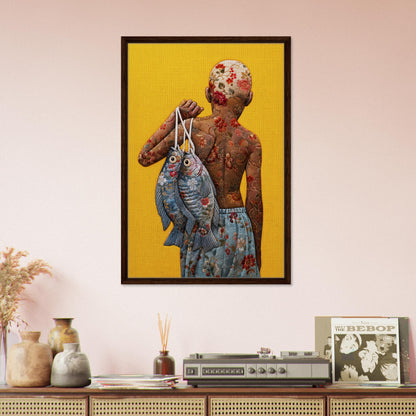 Golden Catch Framed Canvas Quilt-Inspired Folk-Art