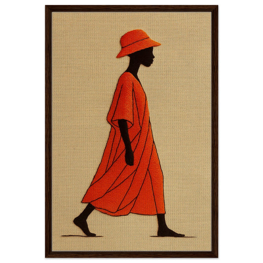 Quiet Wanderer framed canvas, modern portrait of black silhouette in orange dress, textured beige background, dark wood frame