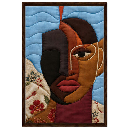 Framed quilted canvas portrait of a Black woman with stitched patchwork on blue, dark or black wood frame, vertical wall art.