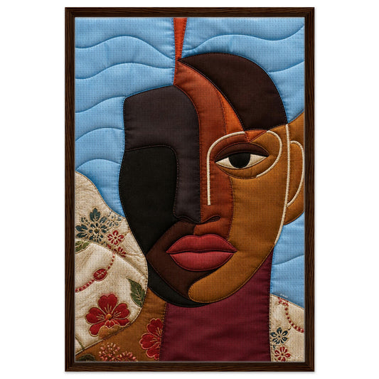 Framed quilted canvas portrait of a Black woman with stitched patchwork on blue, dark or black wood frame, vertical wall art.