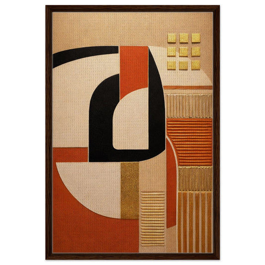 Textured geometric framed canvas with arched Bauhaus forms, terracotta blocks and gold accents, dark wood frame, living room 