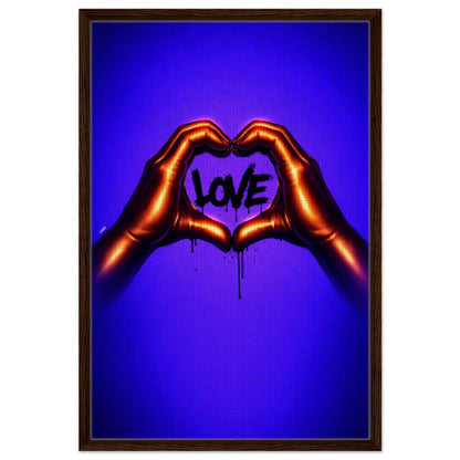 Neon heart framed canvas with metallic hands forming a heart around graffiti LOVE on blue-purple gradient, wood-look frame