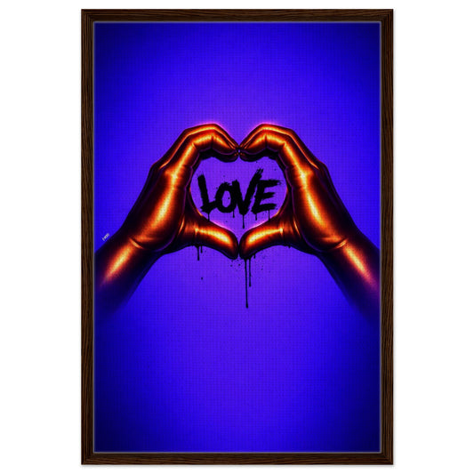 Neon heart framed canvas with metallic hands forming a heart around graffiti LOVE on blue-purple gradient, wood-look frame