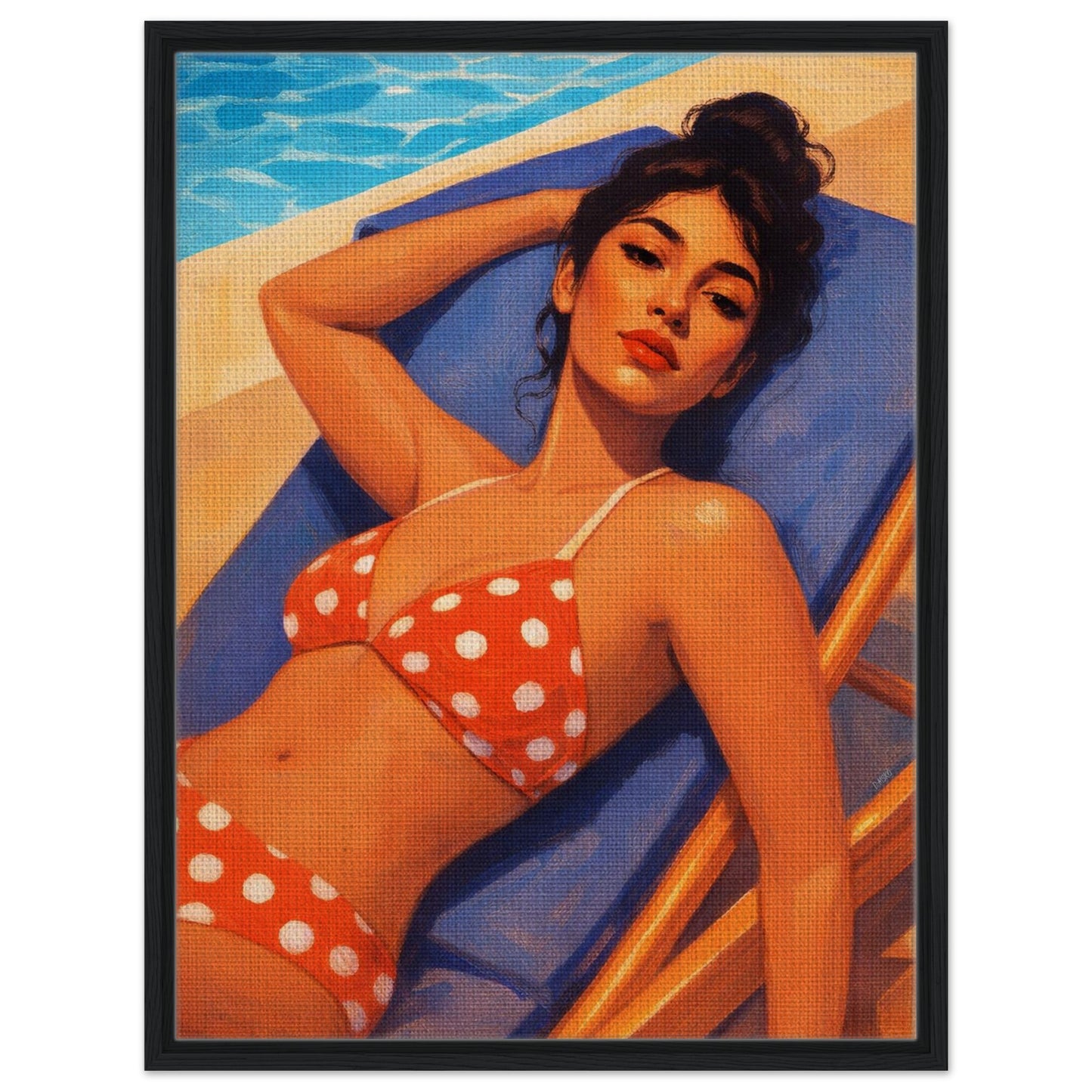 Poolside Muse Retro-Illustrative Framed Canvas - Pin-Up Style