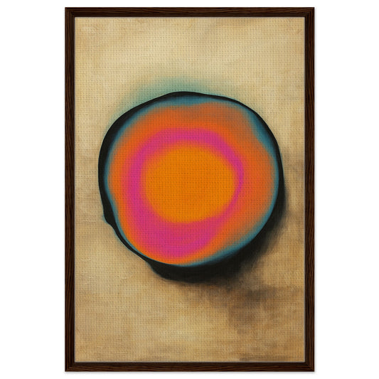 Cosmic halo framed canvas with color rings: orange, pink, and turquoise on beige, in a slim black wood frame, vertical.