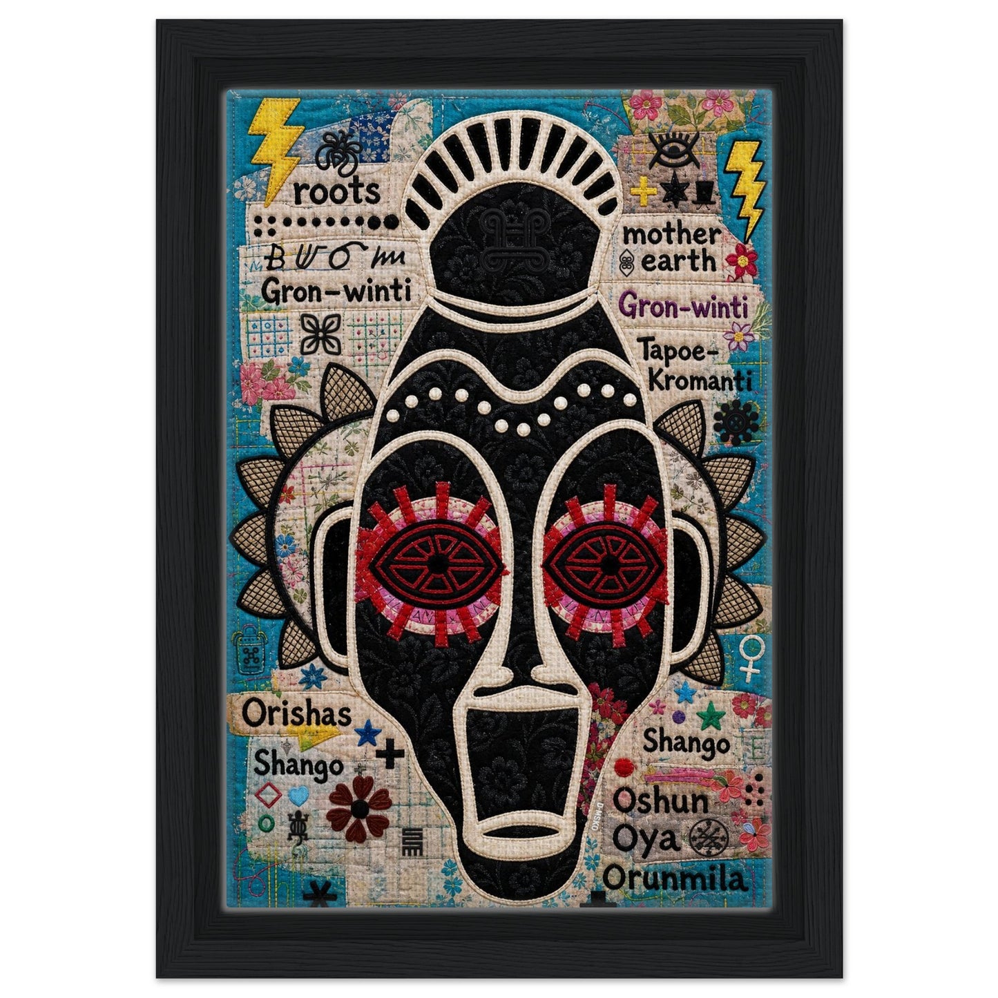 Ancestral Roots Mask Framed Canvas Quilted-Style - Yoruba Orisha Style