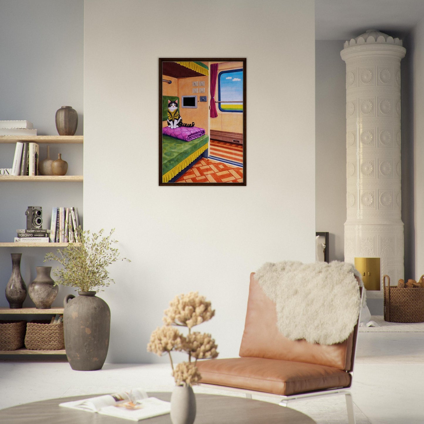 Cat on Train Framed Canvas Retro-Whimsical - Mid-Century Style