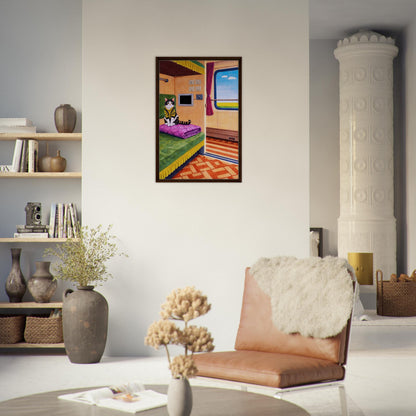 Cat on Train Framed Canvas Retro-Whimsical - Mid-Century Style