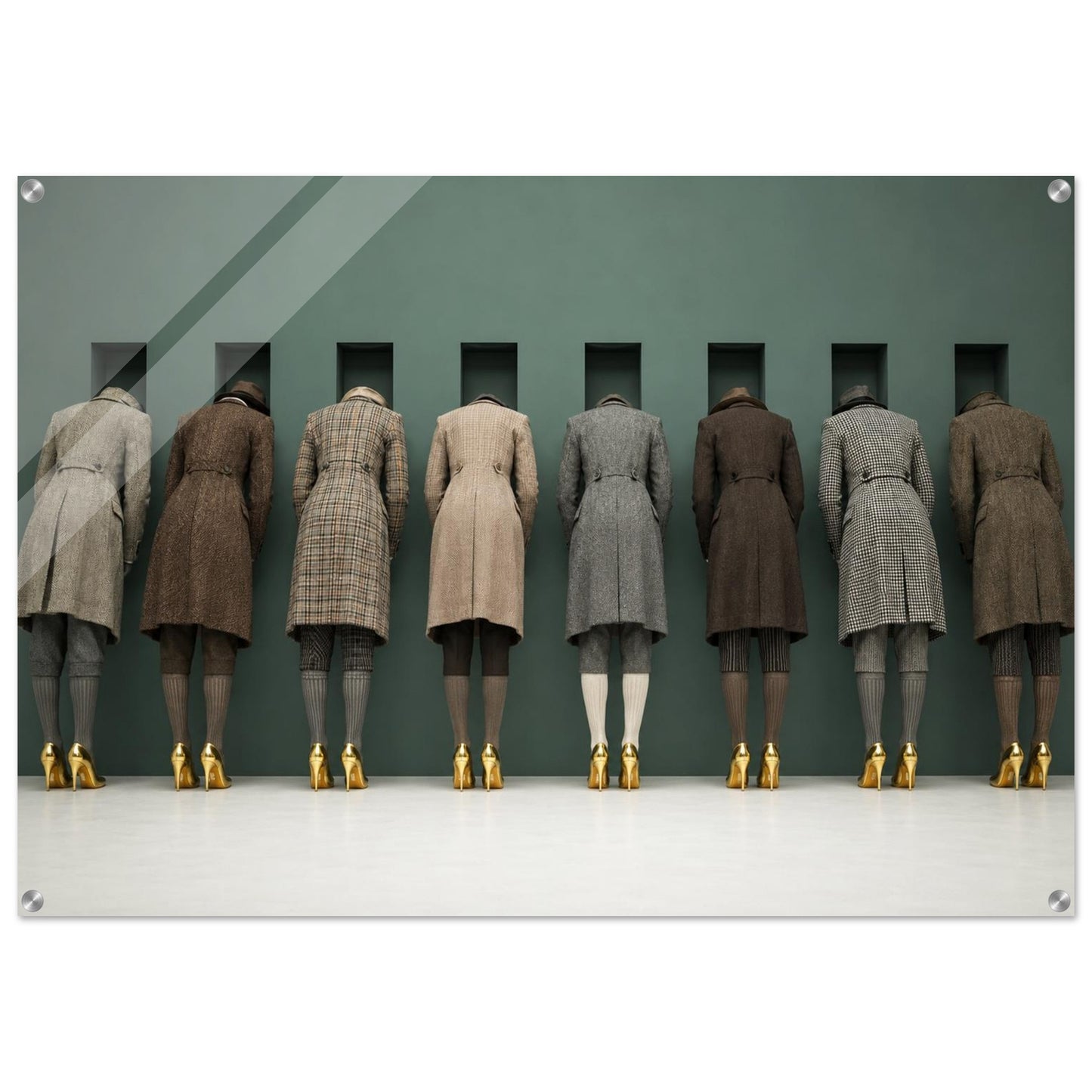 Surreal fashion acrylic print featuring checked coats and gold heels on muted green, The Waiting Wall by Damsko Art.