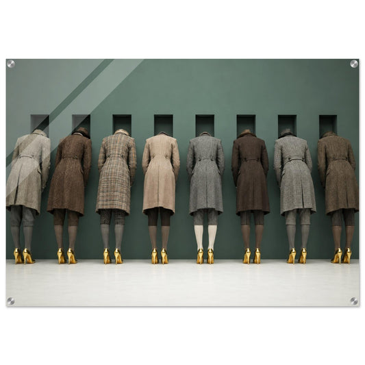 Surreal fashion acrylic print featuring checked coats and gold heels on muted green, The Waiting Wall by Damsko Art.