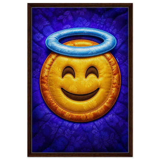 Colorful pop art framed canvas of a halo smiley emoji on a quilted purple floral background with dark wood frame.