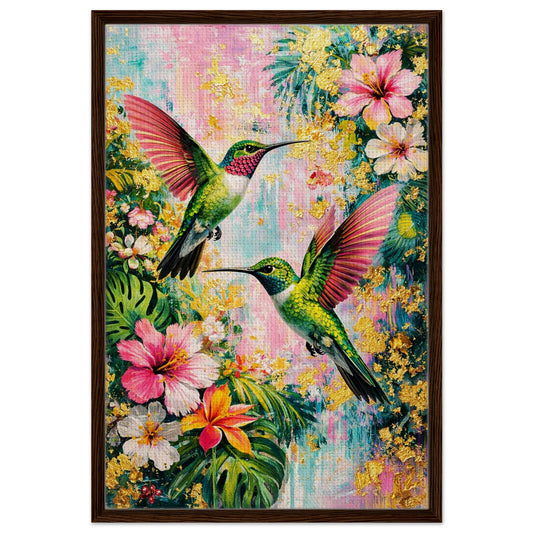 Where Color Takes Flight framed canvas with two hummingbirds, tropical flowers, gold accents in a dark wood frame