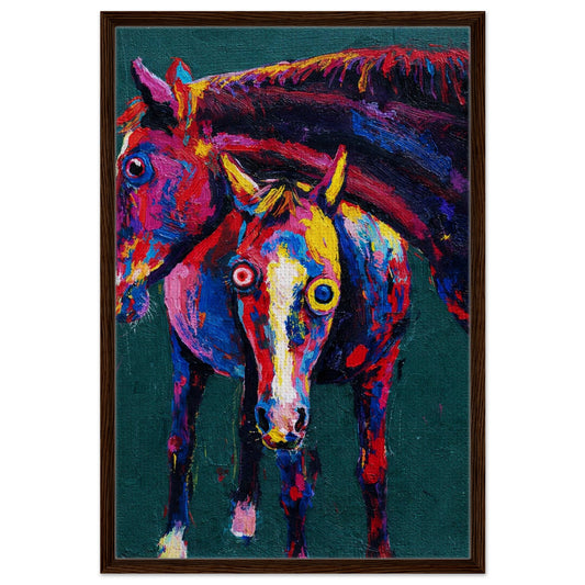Wild Within color framed canvas with two neo-expressionist horse heads in textured paint, vertical, dark wood frame.