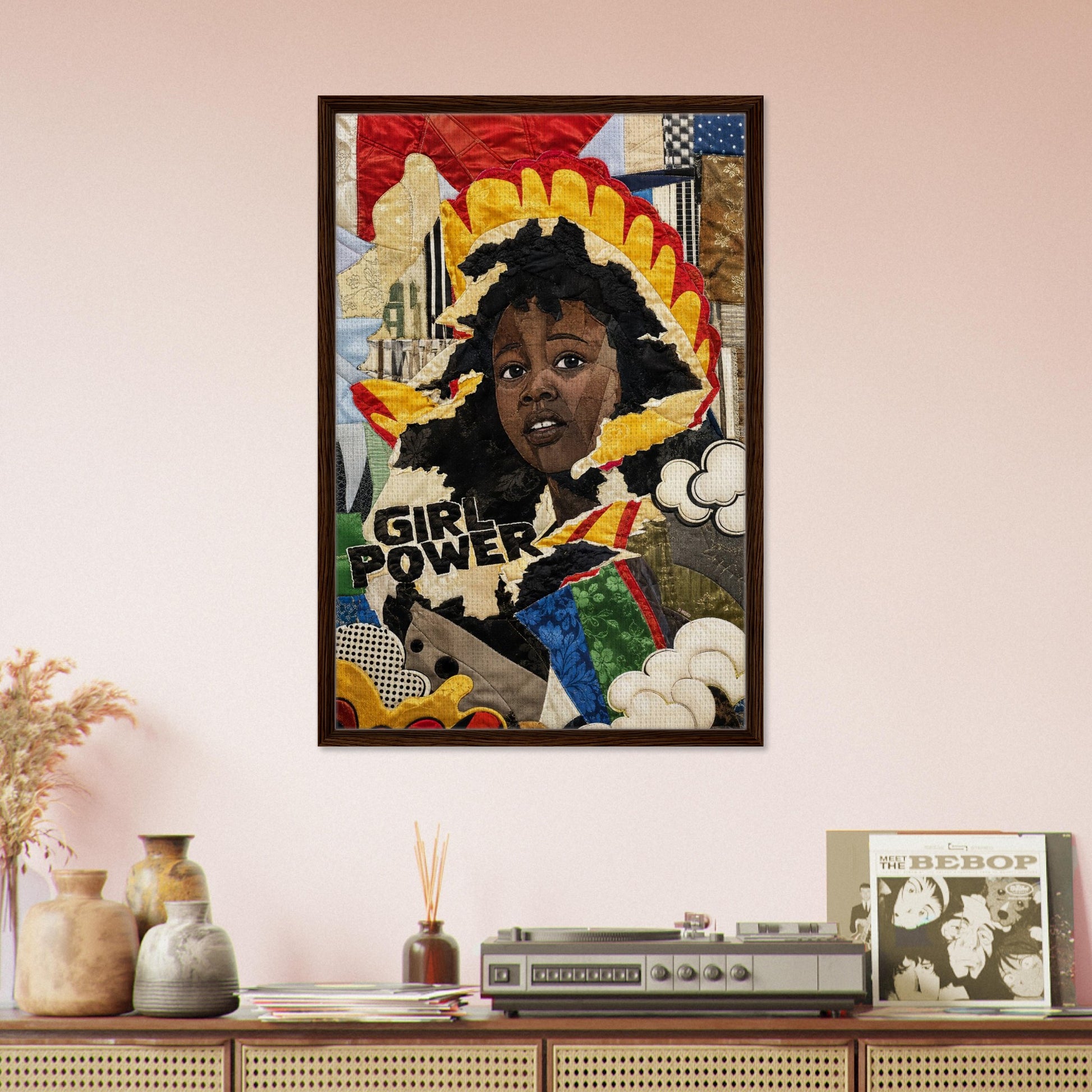 Girl Power Black Girl Framed Canvas Quilt-Inspired Pop-Art