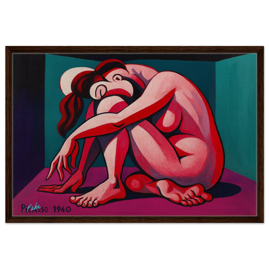 Curved form cubist framed canvas in pink and turquoise with dark wood frame, horizontal modern wall art