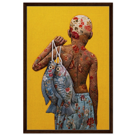 Canvas print, Golden Catch framed folk art with figure and fish on yellow ground in a dark-wood frame