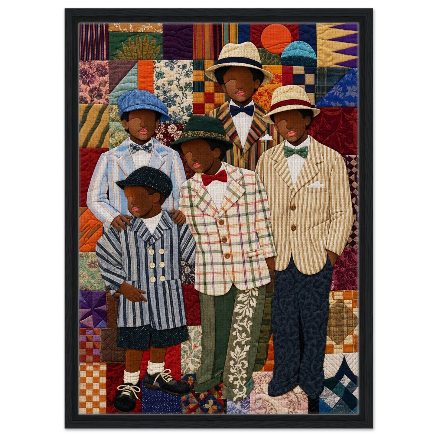 Framed Canvas, Dapper Brothers Black Boys Wall Art, Quilted-Style Vintage canvas