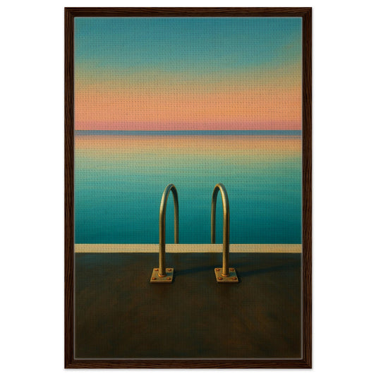 Minimalist coastal framed canvas seascape of a quiet swim with pool ladder, turquoise-pink gradient, dark wood-look frame.