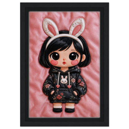 Bunny Bloom Kawaii Quilted-Style Framed Canvas