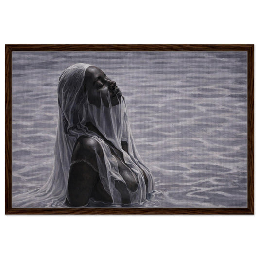 Monochrome chiaroscuro framed canvas of a veiled woman emerging from water, grayscale with warm wood frame.