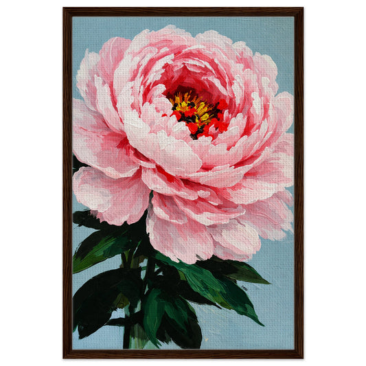 Full bloom pink peony botanical framed canvas, impressionist style on blue ground in dark wood frame