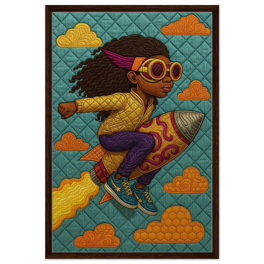 Quilted-look space explorer framed canvas, young girl on rocket in vibrant colors, portrait, slim black wood frame.