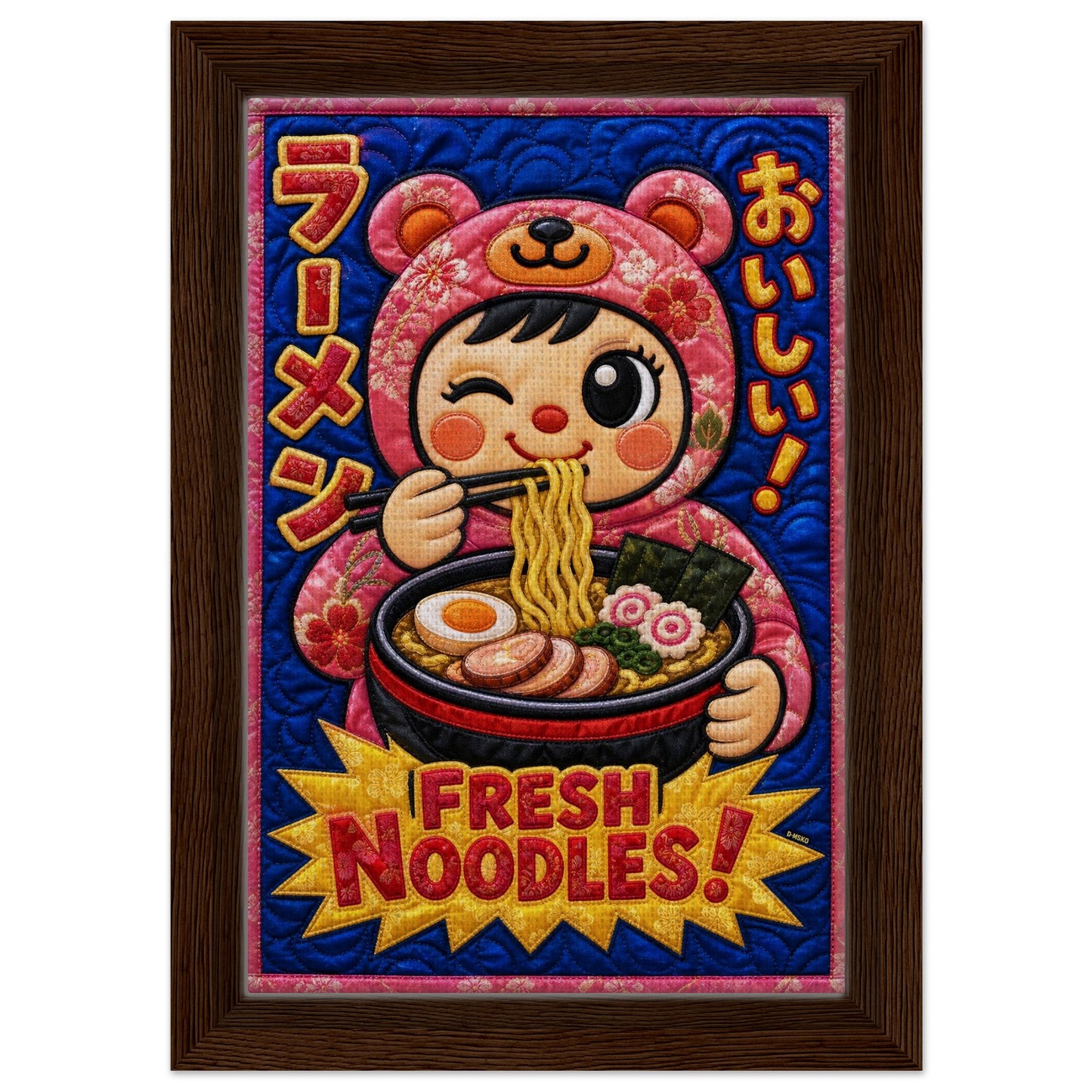 Fresh Noodles Framed Canvas Quilt-Inspired Kawaii-Style