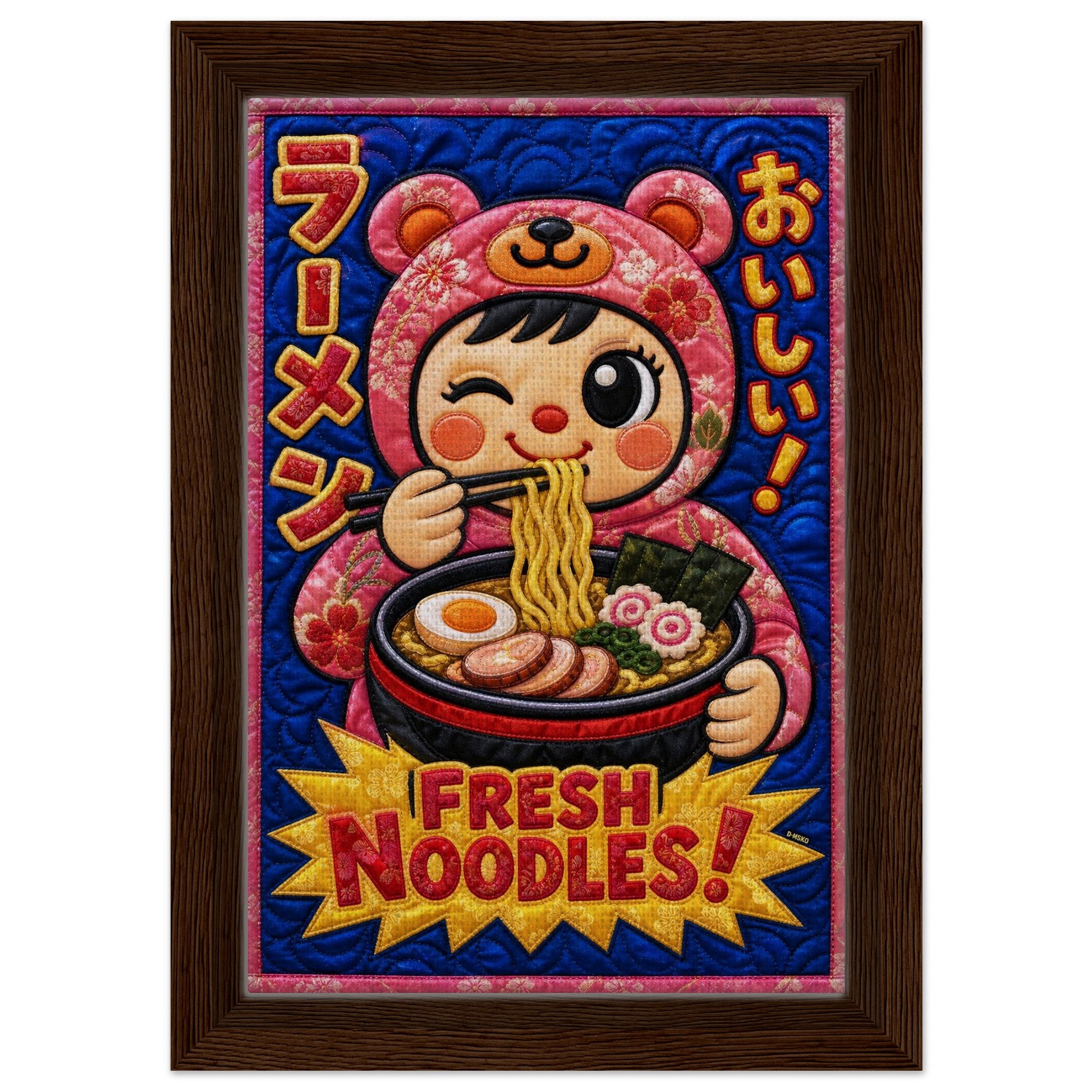 Fresh Noodles Framed Canvas Quilt-Inspired Kawaii-Style