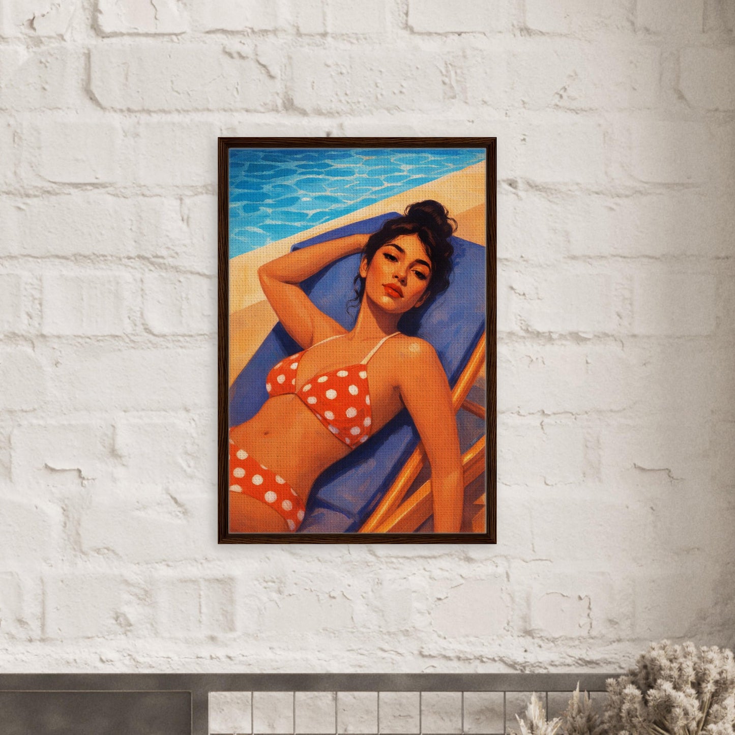 Poolside Muse Retro-Illustrative Framed Canvas - Pin-Up Style