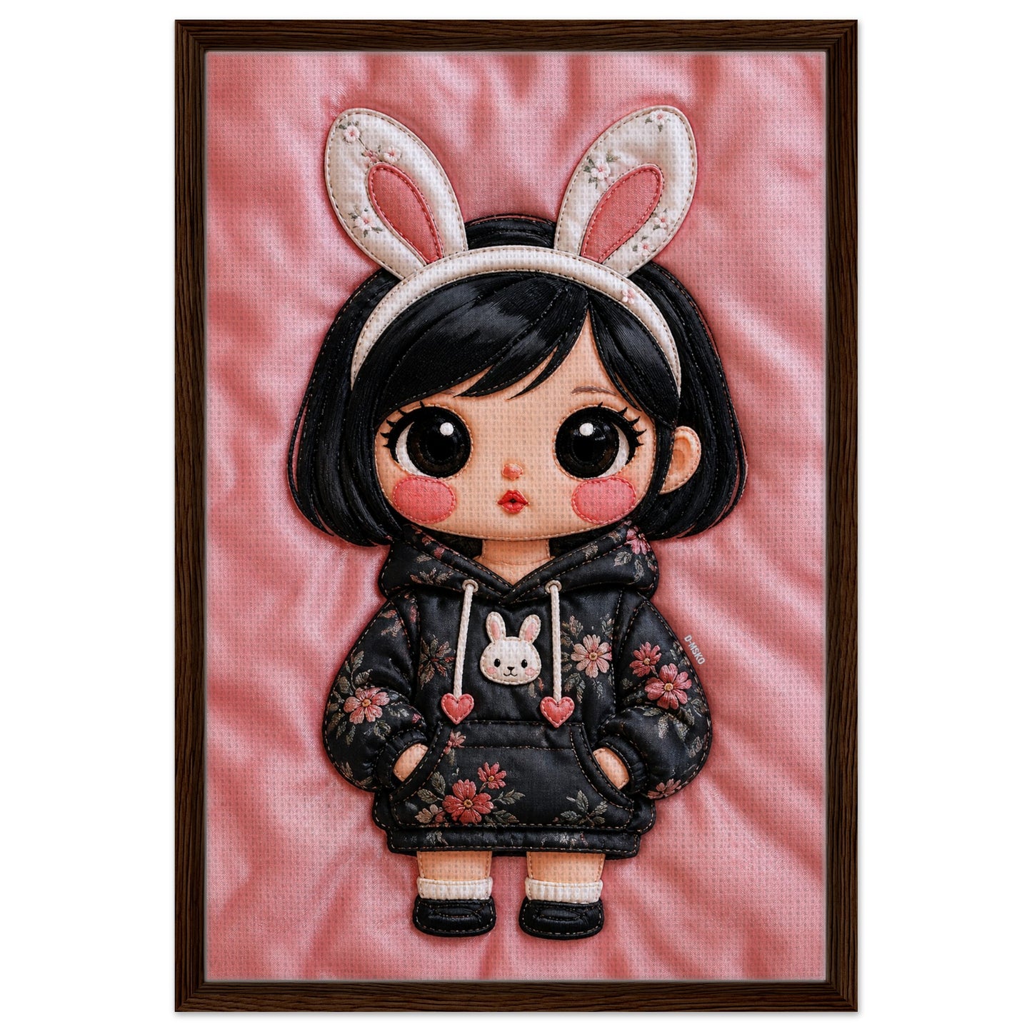 Bunny Bloom Kawaii Quilted-Style Framed Canvas