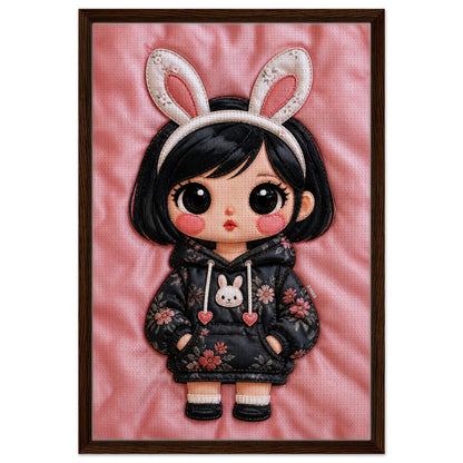 Bunny Bloom Kawaii Quilted-Style Framed Canvas