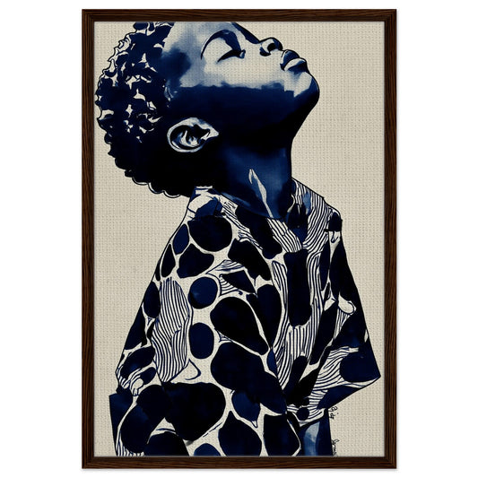Child of Light indigo child portrait on textured framed canvas with wood frame, contemporary minimalist wall art