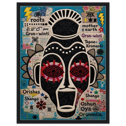 Ancestral Roots Mask Framed Canvas Quilted-Style - Yoruba Orisha Style