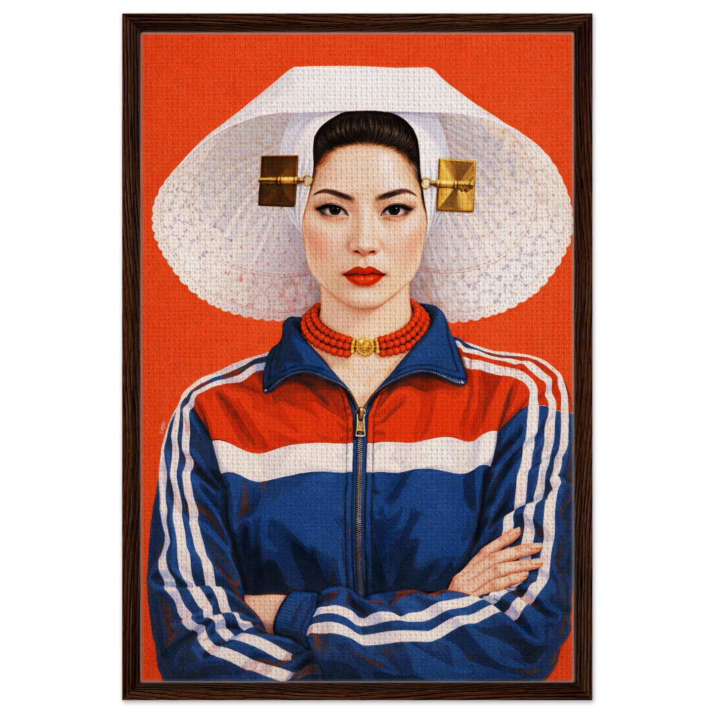 Dutch costume portrait on framed canvas with Zeeland bonnet, gold hairpins, coral necklace, orange background, wood frame